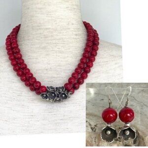 Sterling Silver Double Strand Red Ceramic Beaded Floral Necklace & Earrings Set